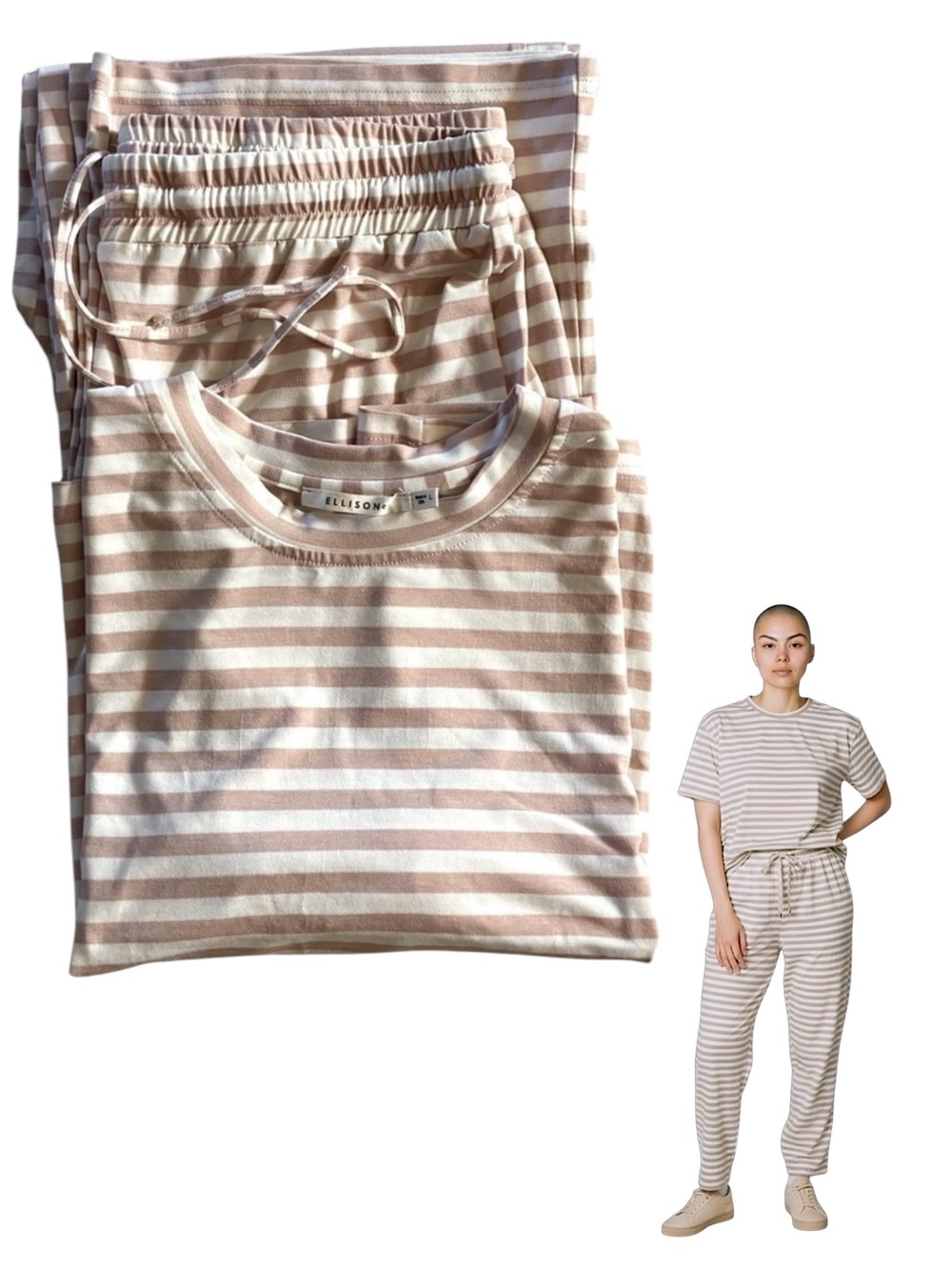 Ellison Casual Lounge Stripe 2pc Drawstring Wide Leg Pant Crop Top Large NWOT